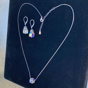 Swarovski Aurora Borealis Crystal Cube Necklace and Dangling Earrings Gift Set